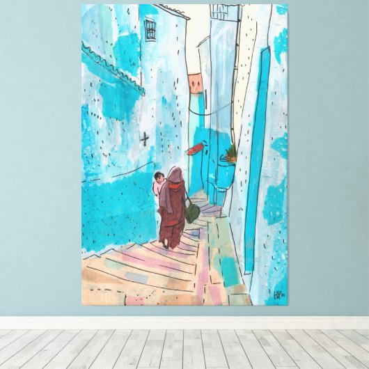 Straat Chefchaouen Marokko Paper Collage Sketch Canvas Afdruk (Insitu (Houten vloer))
