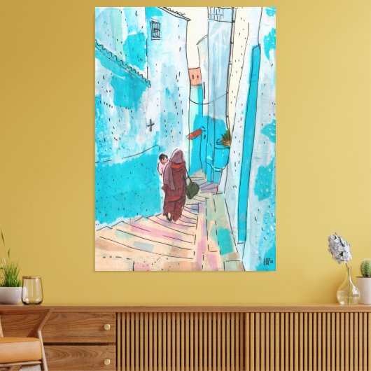 Straat Chefchaouen Marokko Paper Collage Sketch Canvas Afdruk (Insitu (Woonkamer))