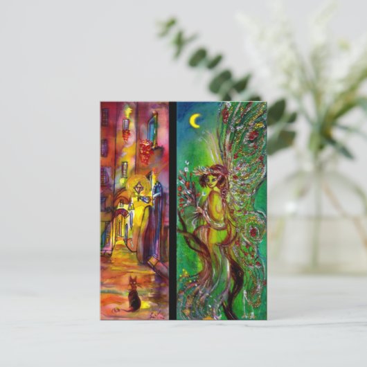 Straat in de nacht en Groene Fee Uitnodiging Briefkaart (Staand voorkant)