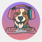 Straat Retro Hond met Hoofdtelefoon | grappig Ronde Sticker (Voorkant)