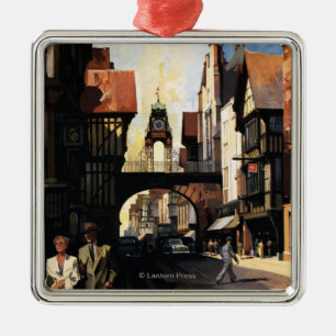 Straat Uitzicht met Clock Clock-rail met Couple & Metalen Ornament