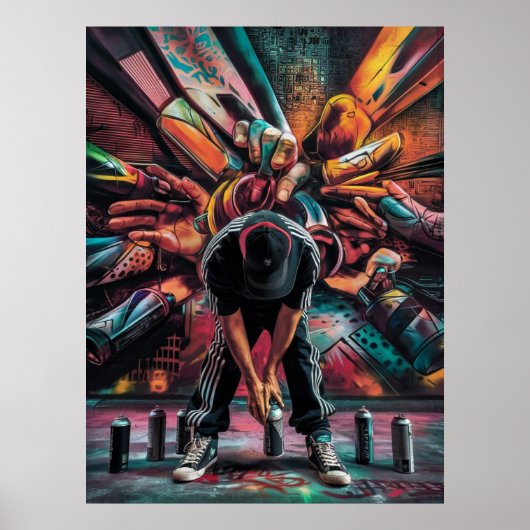 Straatartiest met Spray Cans Poster (Voorkant)