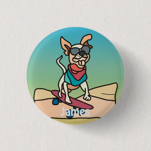 Straathond met zonnebril op skateboard in retro st ronde button 3,2 cm