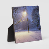 Straatlichten en sneeuwbomen fotoplaat (Voorkant)