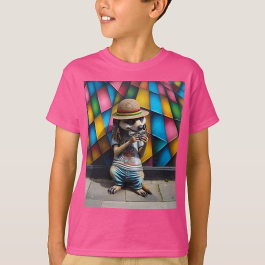 Straatmuzikant, Meerkat met een mondharmonica T-shirt (Voorkant)