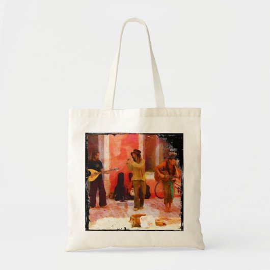 Straatmuzikanten die Guitar Mandolin en Flute spel Tote Bag (Voorkant)