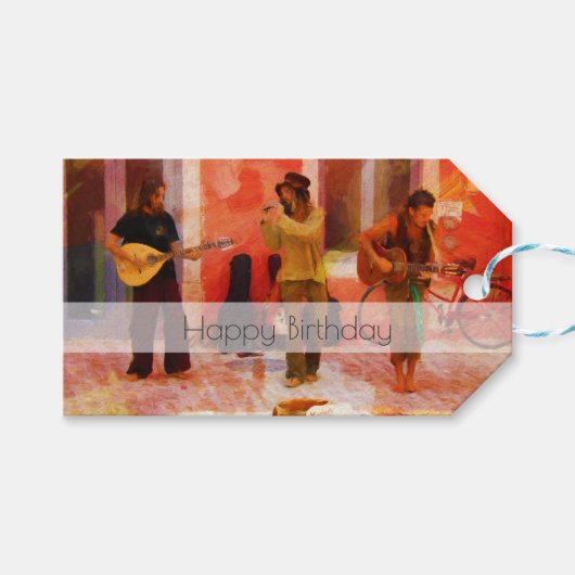 Straatmuzikanten die samen Happy Birthday spelen Cadeaulabel (Voorkant (Horizontaal))