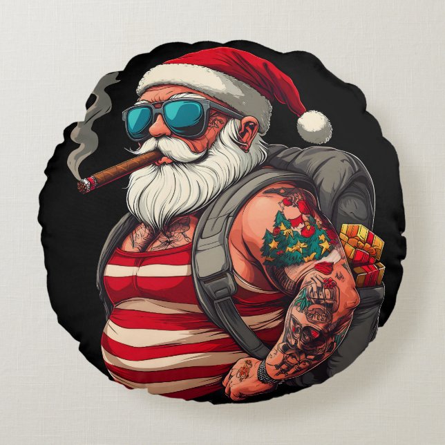 Straatrebel Getatoeëerde Kerstman Rond Kussen (Voorkant)