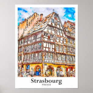 Straatsburg Frankrijk Reizen Waterverf Hand geteke Poster