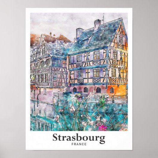 Straatsburg Frankrijk Reizen Waterverf Hand geteke Poster (Voorkant)