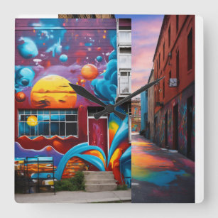 Straatspray verf urban muurschilderingen met leven vierkante klok