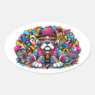 Straatstijl Bulldog Puppy Graffiti Kunst Ovale Sticker