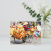 Straatverkoper op fiets verkoop basketware briefkaart (Staand voorkant)