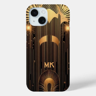 Strak Art Deco Goud Regen Zwarte Monogram of Naam iPhone 15 Case