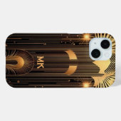 Strak Art Deco Goud Regen Zwarte Monogram of Naam Case-Mate iPhone Case (Achterkant (horizontaal))