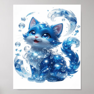 Strak Blauw BLAUWE KAT MET DIAMANTEN EN STERREN Poster