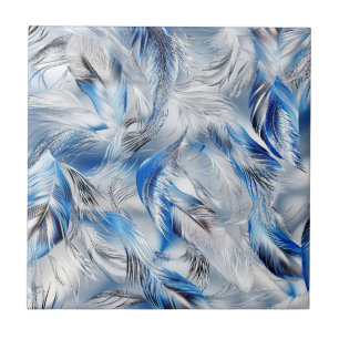 Strak Blauw Zilveren Veerpatroon Moderne Kunst Tegeltje