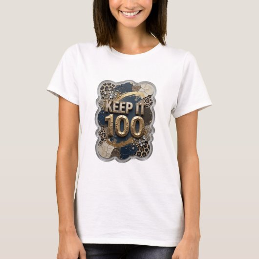 Strak goud KEEP IT 100 Print T-shirt (Voorkant)
