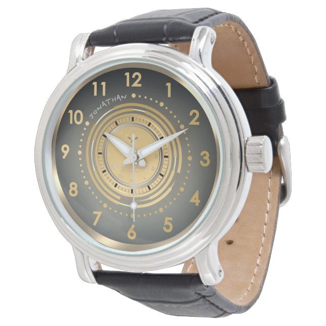 Strak Modern Goud & Zilver Donker Leren Horloge (Gekanteld)