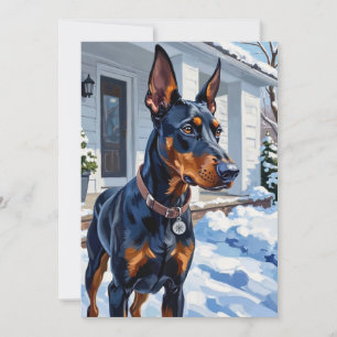 Strakke Dobermann Pinscher Moderne Winter Sneeuwvl Feestdagenkaart