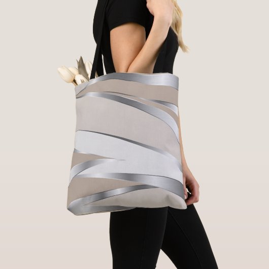 Strakke Metallic Golf Beige en wit Tote Bag (Dichtbij)
