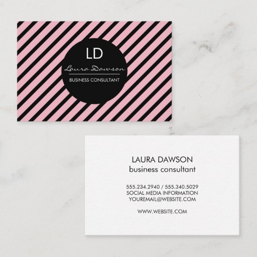 Strakke Roze Monogram Cirkel en Strepen Visitekaartje (Voorkant / Achterkant)