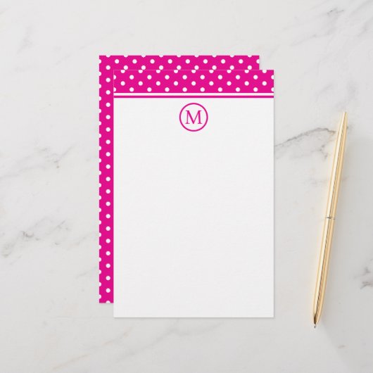 Strakke Witte Stippen op Fel Roze Monogram Briefpapier (Voorkant / Achterkant in situ)
