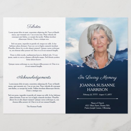 Stralen van Licht Ovaal Foto Blauw Begrafenisprogr (Voorkant)