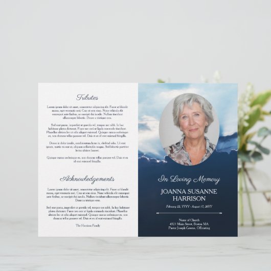 Stralen van Licht Ovaal Foto Blauw Begrafenisprogr (Staand voorkant)