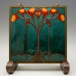 Stralend Amber Bloom Tegeltje<br><div class="desc">Dompel je huis onder in de tijdloze schoonheid van de Radiant Amber Bloom Keramische Tegel, een opvallend kunstwerk gedrukt door Zazzle. Deze platte keramische tegel, vrij van reliëfkenmerken, toont een betoverend Art Nouveau-ontwerp met ingewikkelde bloemenpatronen in levendige amberkleurige tinten tegen een diepe jade-achtergrond. De harmonieuze mix van warme en koele...</div>