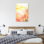 Stralend begin: zonsopgang, bergen, bloemen canvas afdruk (Insitu (Slaapkamer))
