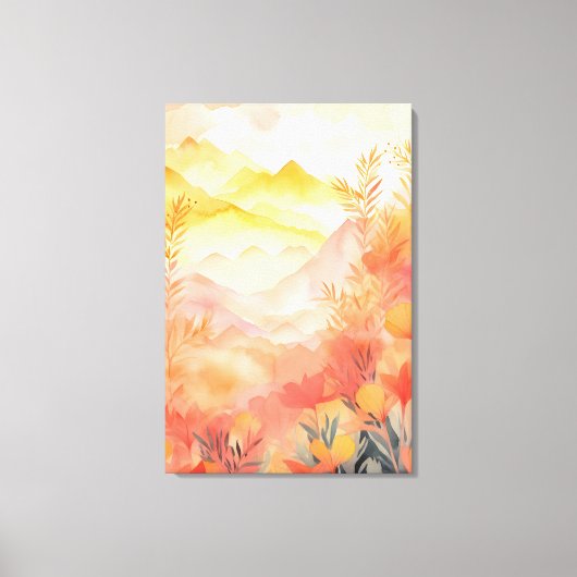 Stralend begin: zonsopgang, bergen, bloemen canvas afdruk (Voorkant)