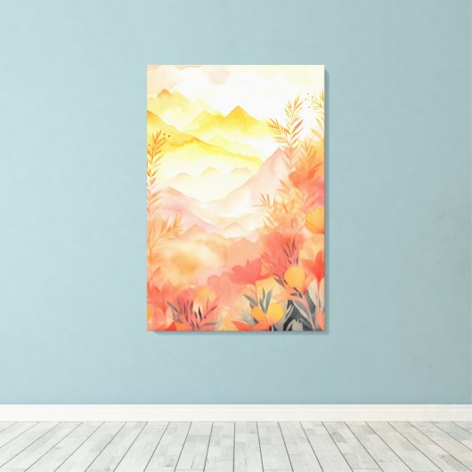 Stralend begin: zonsopgang, bergen, bloemen canvas afdruk (Insitu (Houten vloer))