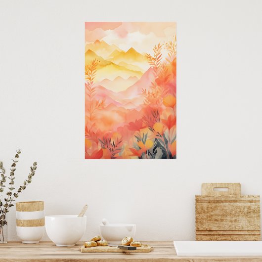 Stralend begin: zonsopgang, bergen, bloemen poster (Keuken)