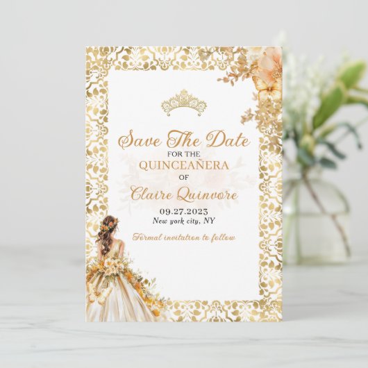 Stralend Gouden Bloemige Quinceanera Aankondiging (Staand voorkant)