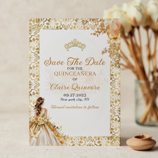 Stralend Gouden Bloemige Quinceanera Aankondiging
