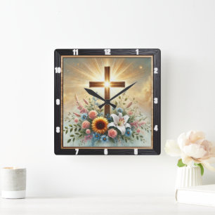 Stralend Kruis Bloemrijke Spiritueel Vierkante Klok