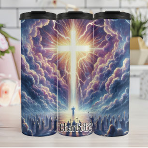 Stralend kruis in hemelse wolken thermosbeker