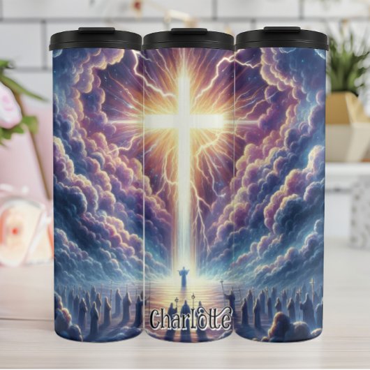 Stralend kruis in hemelse wolken thermosbeker