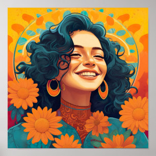 Stralend Mexicaans-Amerikaans Vrouw Bloemenportret Poster