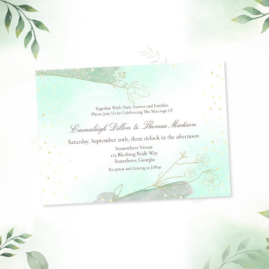 Stralend mintgroene bladglitter bruiloft kaart