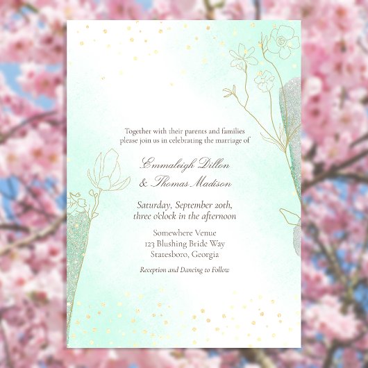 Stralend mintgroene botanische glittershuwelijk kaart