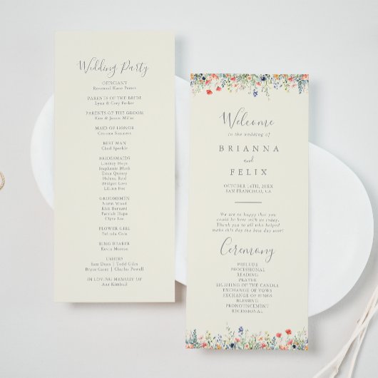 Stralend multikleurig wildbloemen-huwelijksprogram programmakaart