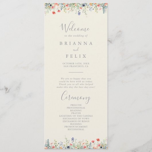Stralend multikleurig wildbloemen-huwelijksprogram programmakaart (Voorkant)