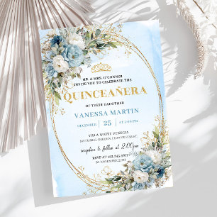 Stralend Pastel Blauw Goud Eucalyptus Quinceañera Kaart