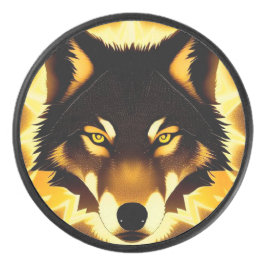 Stralend Wolfengezicht Verlicht door Gouden Licht Hockey Puck