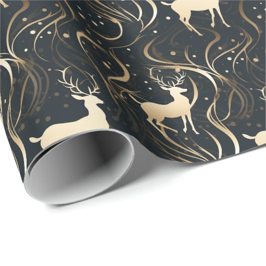 Stralend Zwart & Gouden Swirl Rendier Silhouet Cadeaupapier (Rol Hoek)