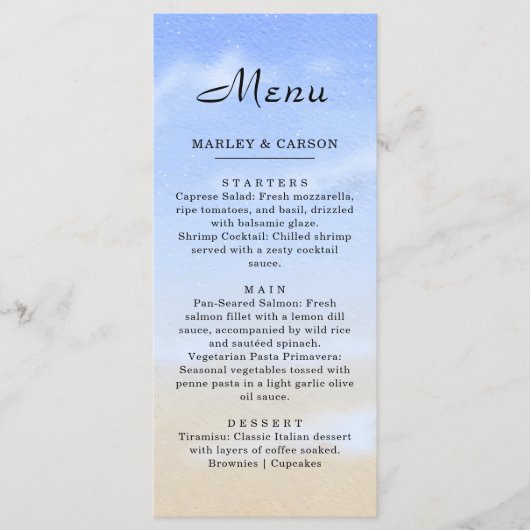 Stralende Blauwe Hemel Zomer Strand Wedding Menu (Voorkant)