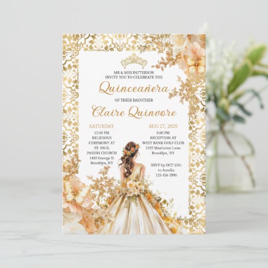 Stralende Bloem Bloemen Prinses Foto Quinceanera Kaart (Staand voorkant)