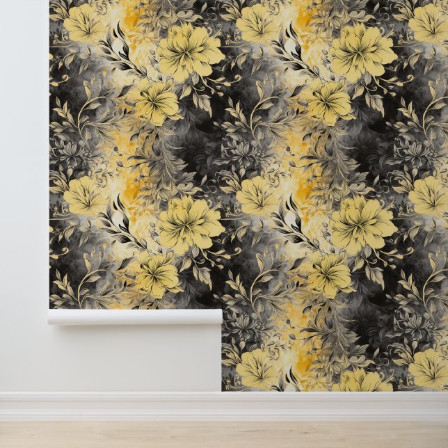 Stralende Bloemen: Gele & Zwarte Bloemen Behang (Applicatie)